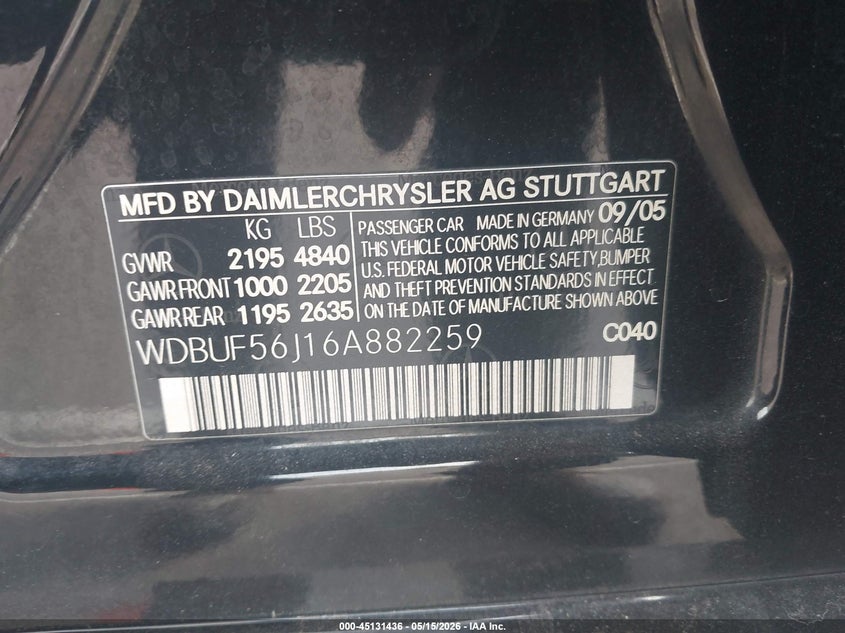 2006 Mercedes-Benz E-Class 3.5L VIN: WDBUF56J16A882259 Lot: 45131436