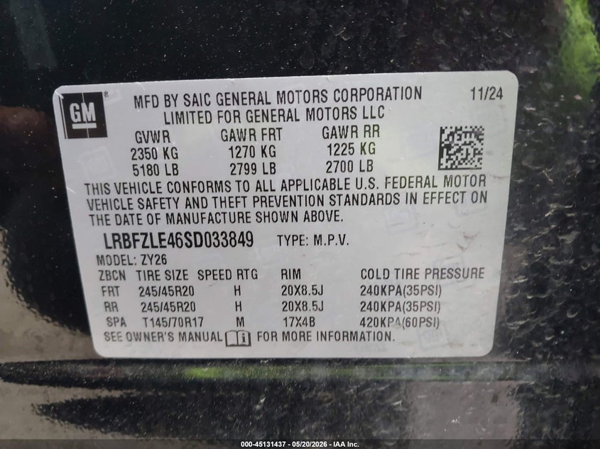 2025 Buick Envision Sport Touring Awd VIN: LRBFZLE46SD033849 Lot: 45131437