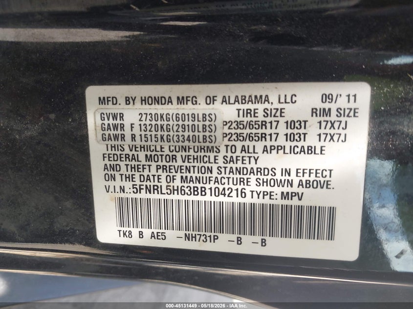 2011 Honda Odyssey Ex-L VIN: 5FNRL5H63BB104216 Lot: 45131449
