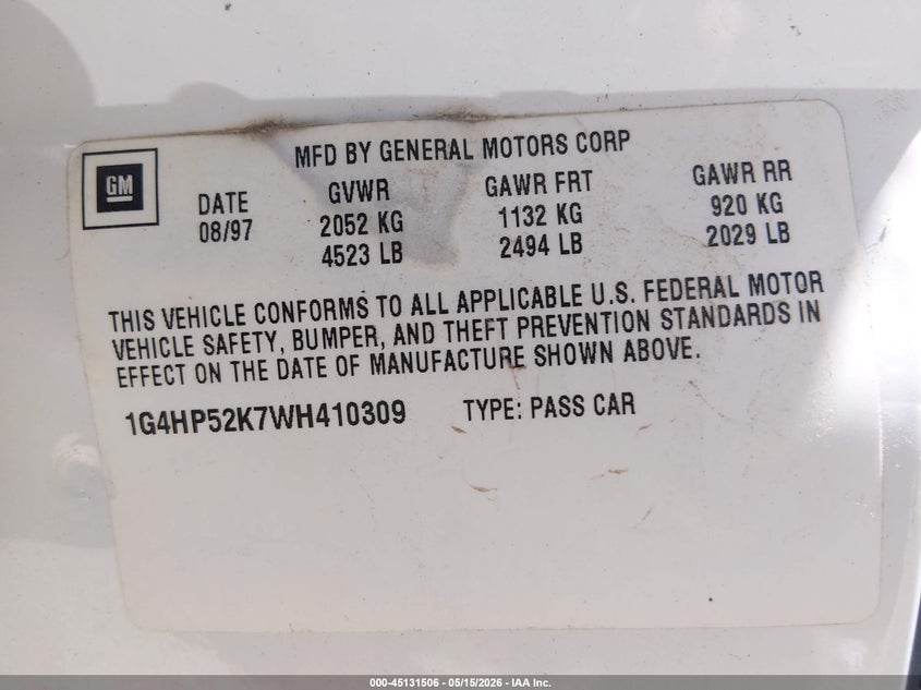 1998 Buick Lesabre Custom VIN: 1G4HP52K7WH410309 Lot: 45131506