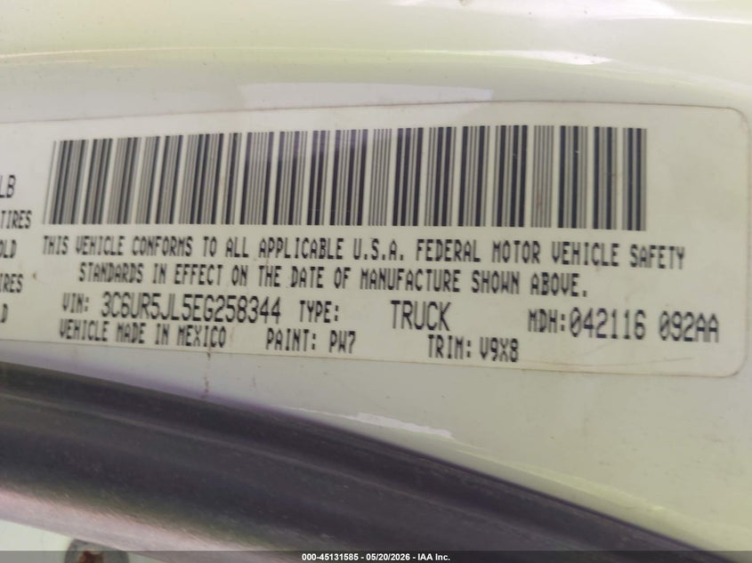 Vin: 3c6ur5jl5eg258344, lot: 45629214, ram 2500 slt 20144