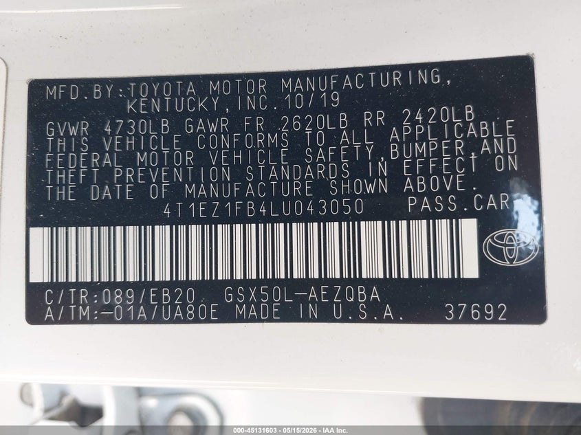 2020 Toyota Avalon Xse VIN: 4T1EZ1FB4LU043050 Lot: 45131603
