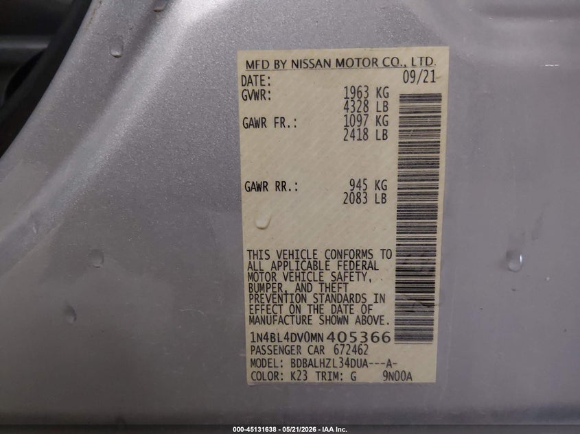 VIN 1N4BL4DV0MN405366 2021 NISSAN ALTIMA SV FWD