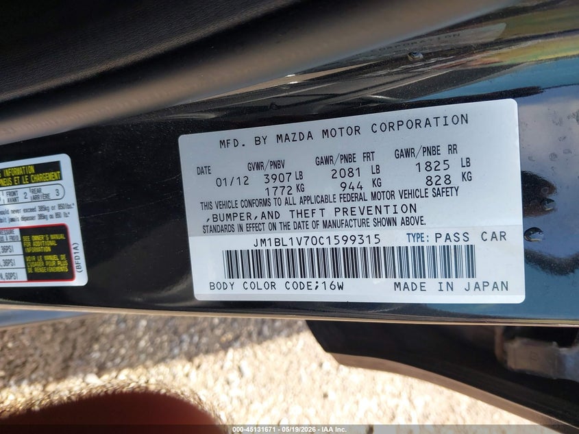 2012 Mazda 3 2.0 I Touring black Lot 111045131671 Vin JM1BL1V70C1599315