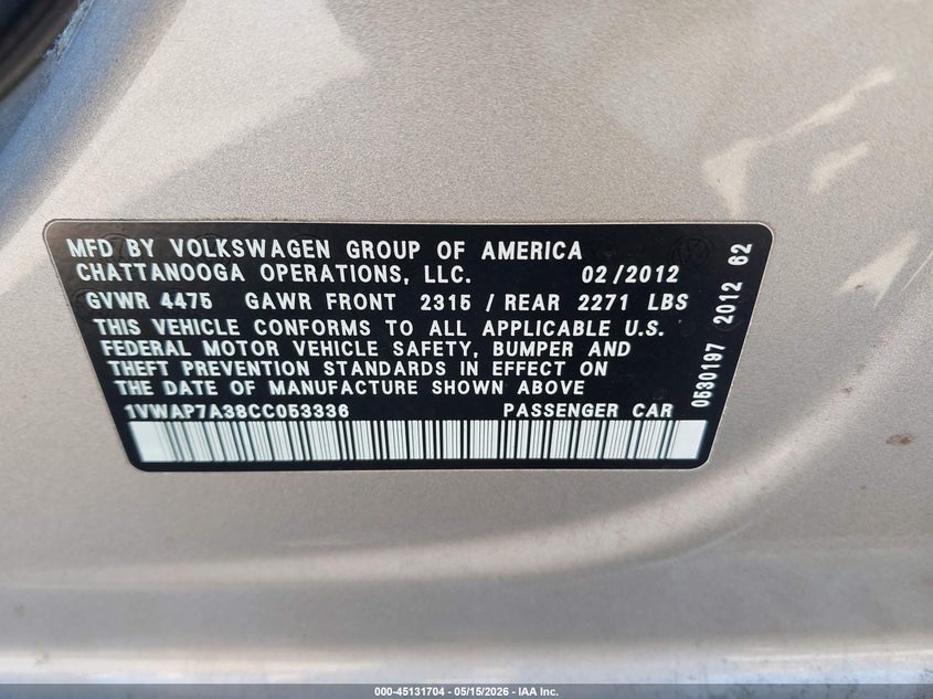 2012 Volkswagen Passat 2.5 2.5L S silver Lot 111045131704 Vin 1VWAP7A38CC053336