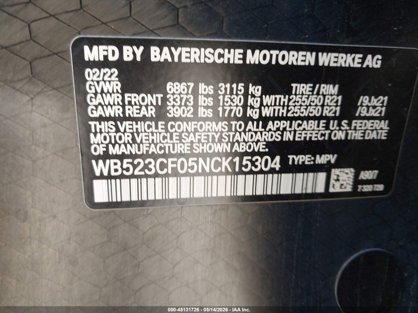 2022 BMW Ix xDrive50 VIN: WB523CF05NCK15304 Lot: 45131726