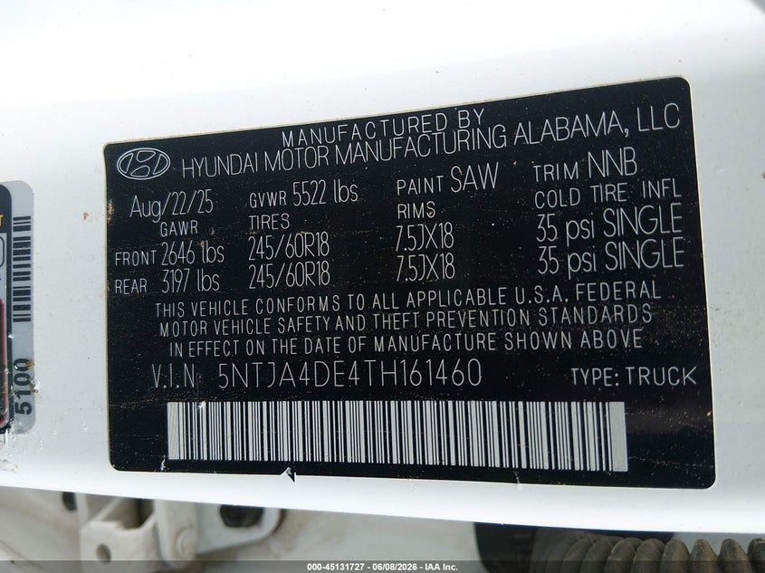 2026 HYUNDAI SANTA CRUZ 2.5L I-4 DI, DOHC, V(VIN: 5NTJA4DE4TH161460