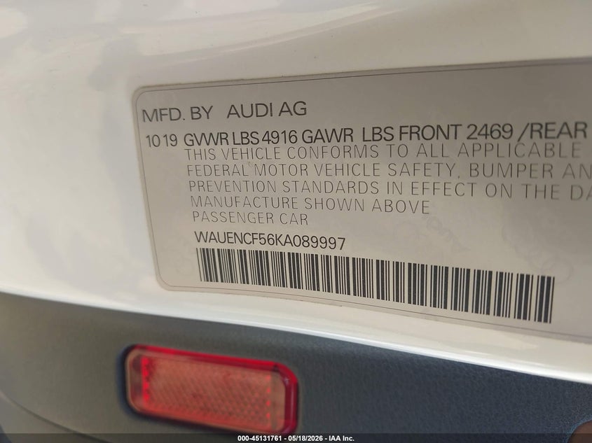 2019 Audi A5 45 Premium VIN: WAUENCF56KA089997 Lot: 45131761