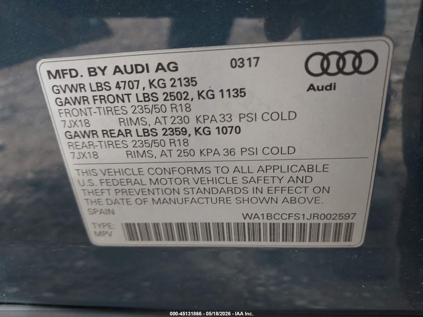 2018 Audi Q3 2.0T Premium/2.0T Sport Premium VIN: WA1BCCFS1JR002597 Lot: 45131866
