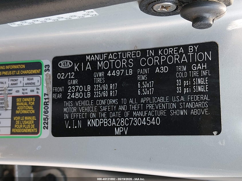 2012 KIA SPORTAGE SPORT UTILITY VEHICLE 2.4L I-4 DOHC, VVT, 176HP