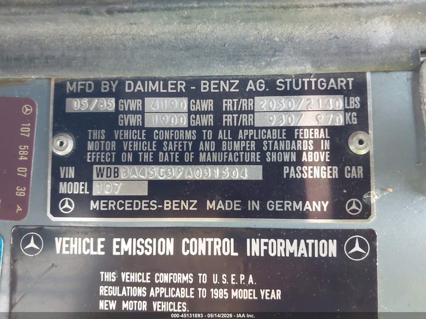 1985 Mercedes-Benz 380 Sl VIN: WDBBA45C3FA031504 Lot: 45131893