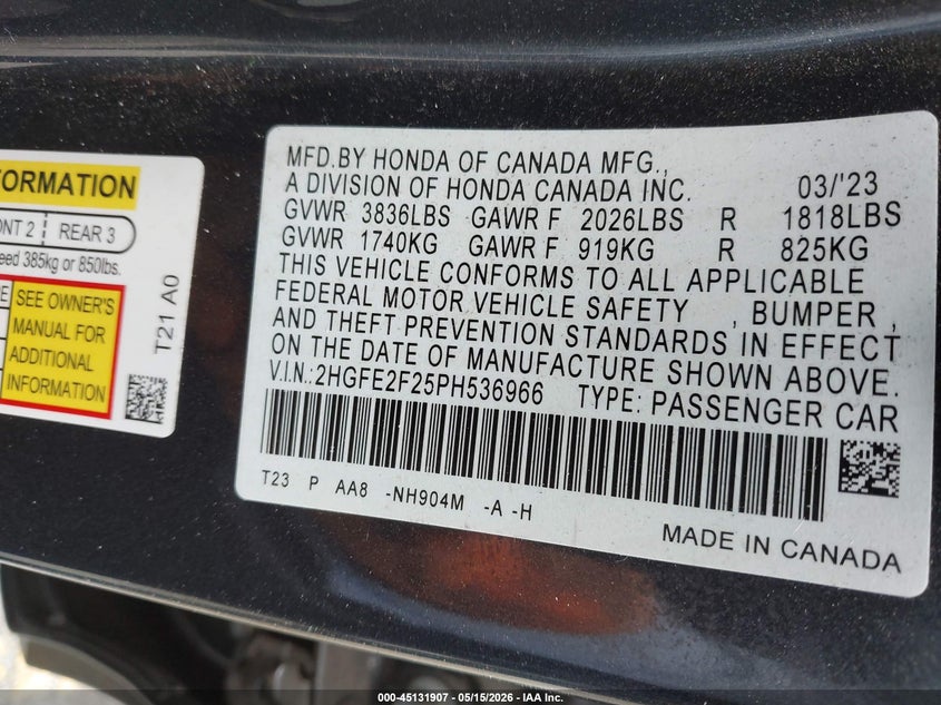 2023 HONDA CIVIC SEDAN 2.0L I-4 DI, DOHC, VVT, 158HP
