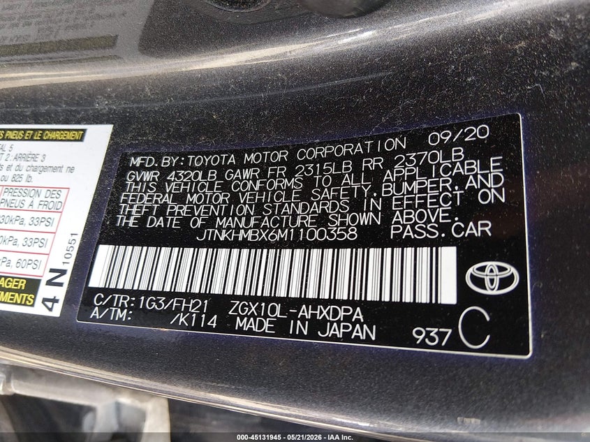 2021 Toyota C-Hr Le VIN: JTNKHMBX6M1100358 Lot: 45131945