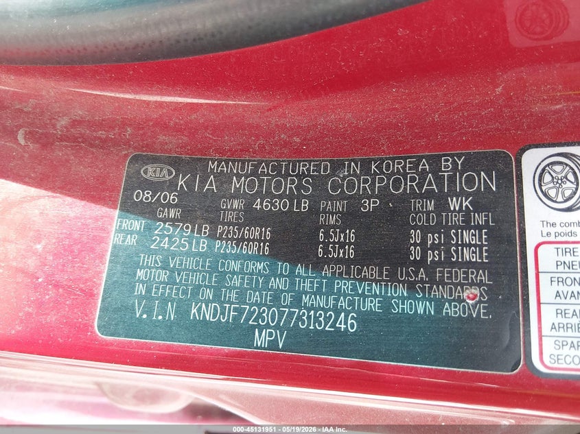 2007 Kia Sportage Lx V6 VIN: KNDJF723077313246 Lot: 45131951