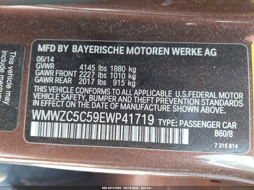 2014 Mini Countryman Cooper S VIN: WMWZC5C59EWP41719 Lot: 45131959