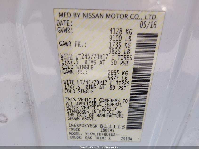 2016 Nissan Nv Cargo Nv2500 Hd Sv V6 VIN: 1N6BF0KY6GN811113 Lot: 45132061