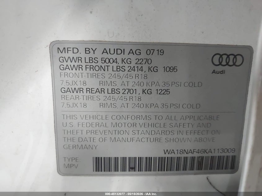 2019 Audi A4 Allroad 45 Premium VIN: WA18NAF46KA113009 Lot: 45132077
