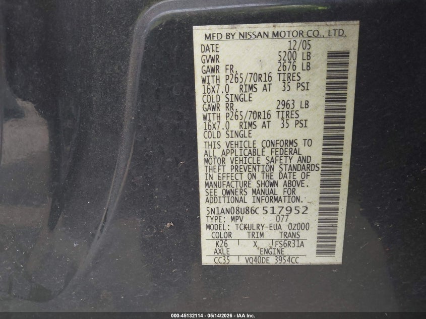 2006 Nissan Xterra S VIN: 5N1AN08U86C517952 Lot: 45132114