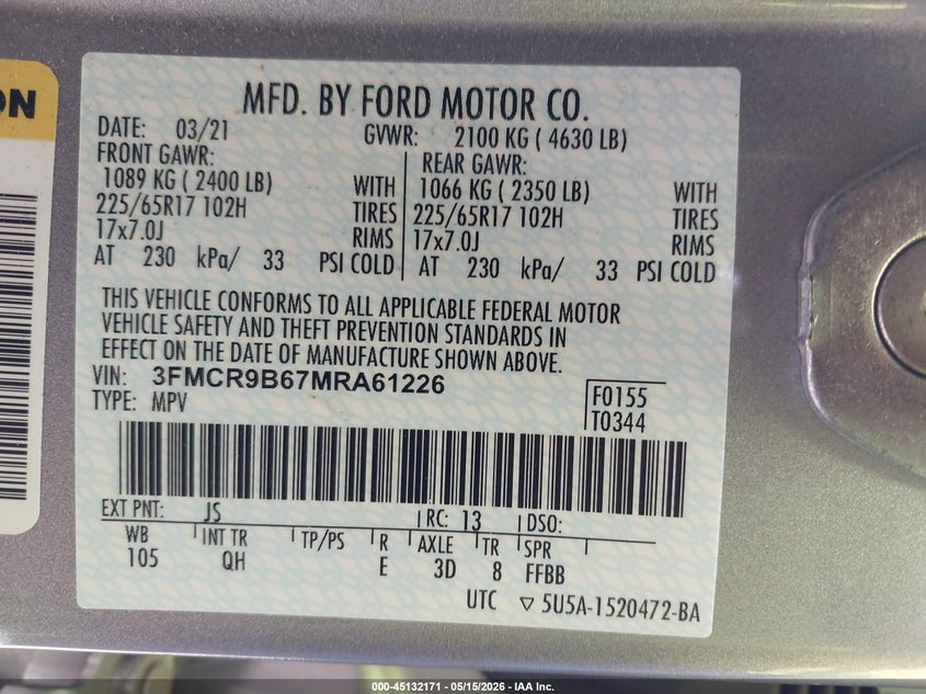 2021 Ford Bronco Sport Big Bend VIN: 3FMCR9B67MRA61226 Lot: 45132171
