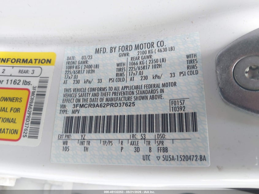 2023 Ford Bronco Sport VIN: 3FMCR9A62PRD37625 Lot: 45132253