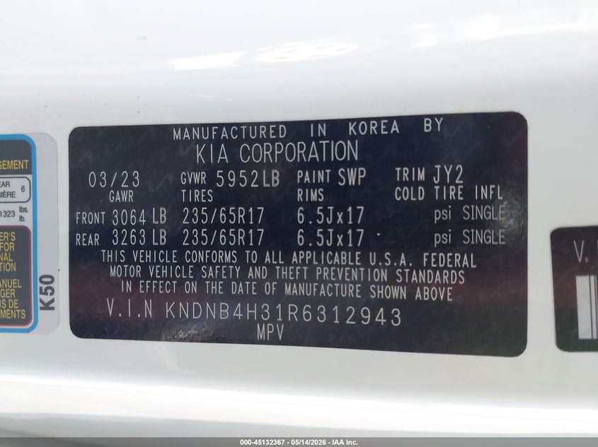 2024 Kia Carnival Mpv Lx Seat Package VIN: KNDNB4H31R6312943 Lot: 45132367