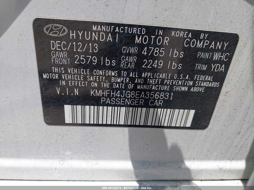 2014 Hyundai Azera Limited VIN: KMHFH4JG8EA356831 Lot: 45132373