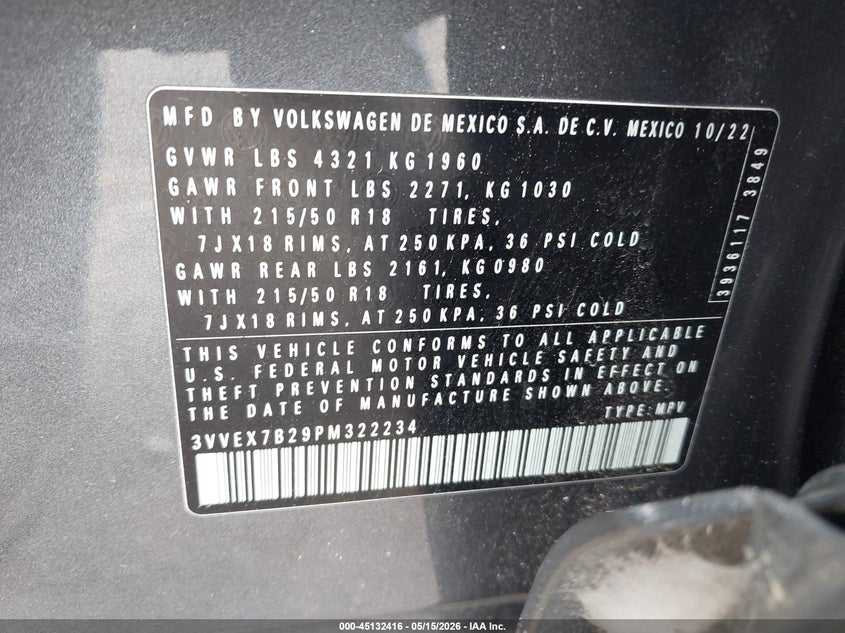 2023 Volkswagen Taos 1.5T Se VIN: 3VVEX7B29PM322234 Lot: 45132416