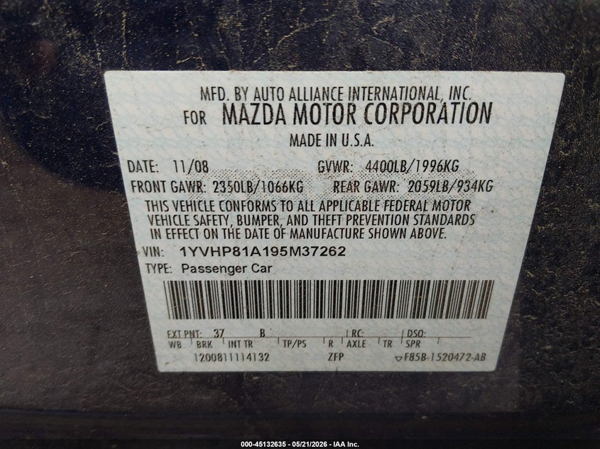 2009 MAZDA 6 SEDAN 2.5L I-4 DOHC, VVT, 168HP