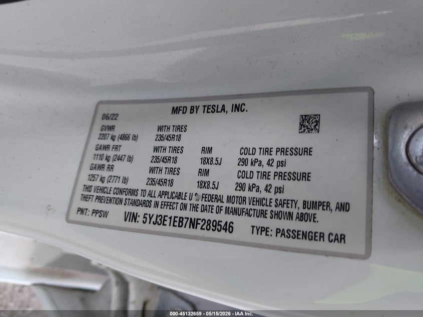 2022 Tesla Model 3 Long Range Dual Motor All-Wheel Drive VIN: 5YJ3E1EB7NF289546 Lot: 45132659