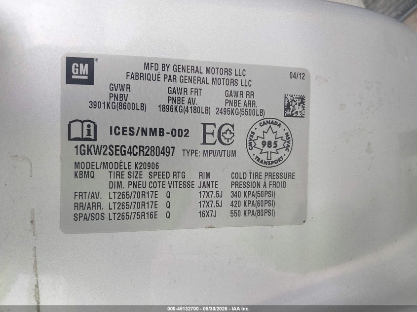 2012 GMC Yukon Xl 2500 Slt VIN: 1GKW2SEG4CR280497 Lot: 45132700