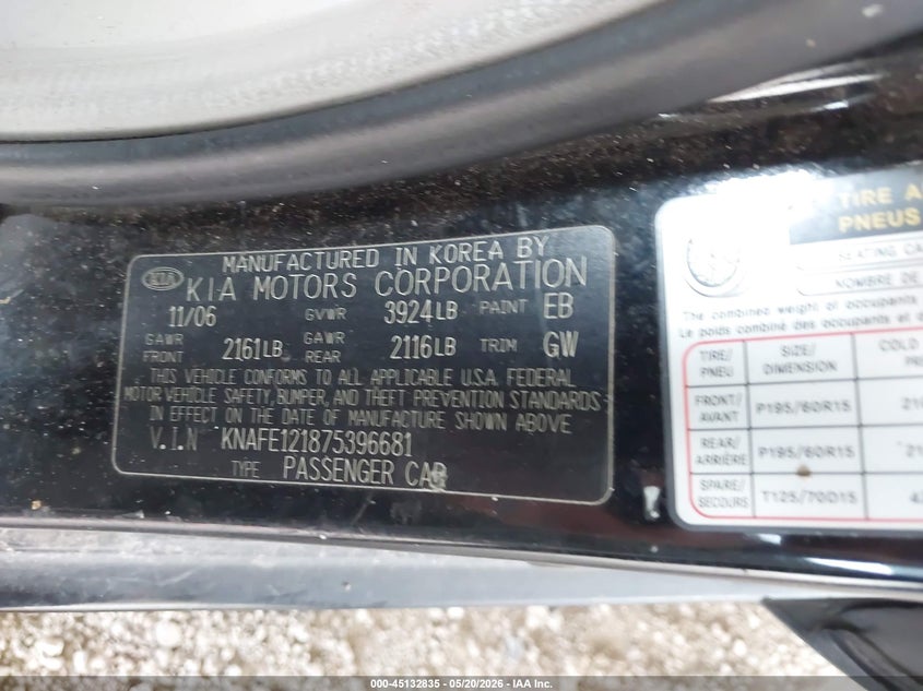 2007 Kia Spectra Ex VIN: KNAFE121875396681 Lot: 45132835