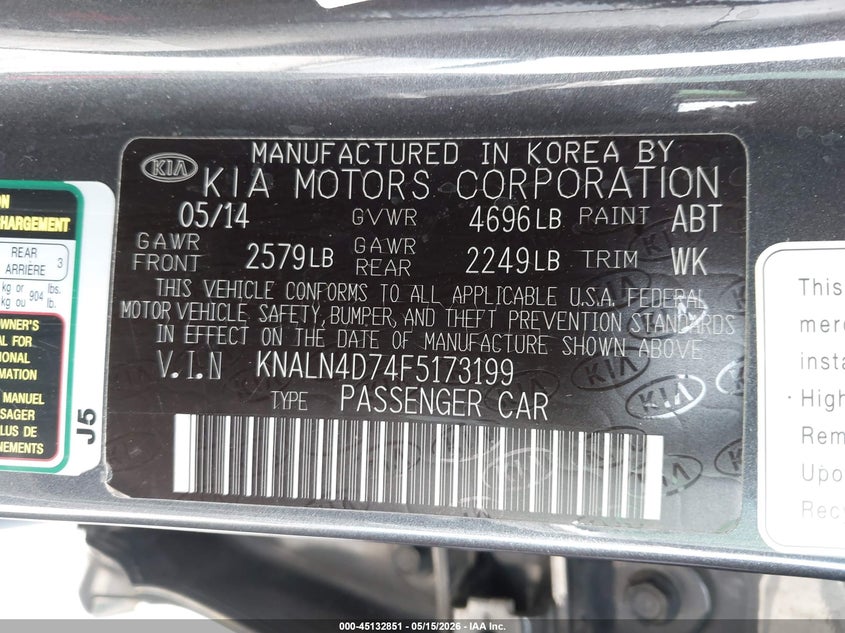 2015 Kia Cadenza Premium VIN: KNALN4D74F5173199 Lot: 45132851