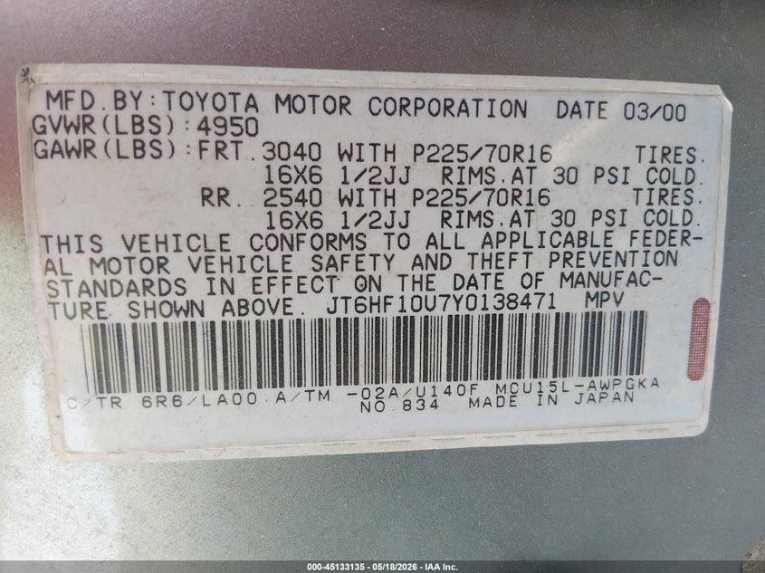 2000 Lexus Rx 300 VIN: JT6HF10U7Y0138471 Lot: 45133135