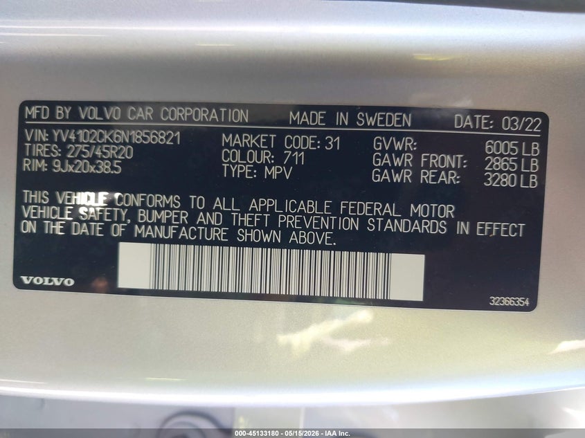 VOLVO XC90 2022 VIN YV4102CK6N1856821