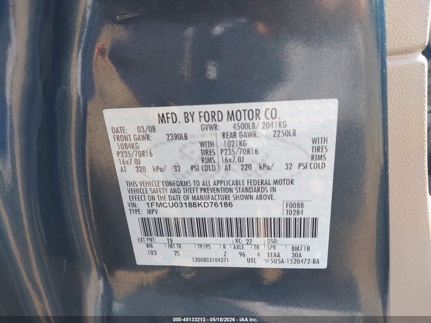 FORD ESCAPE 2008 VIN 1FMCU03188KD76186