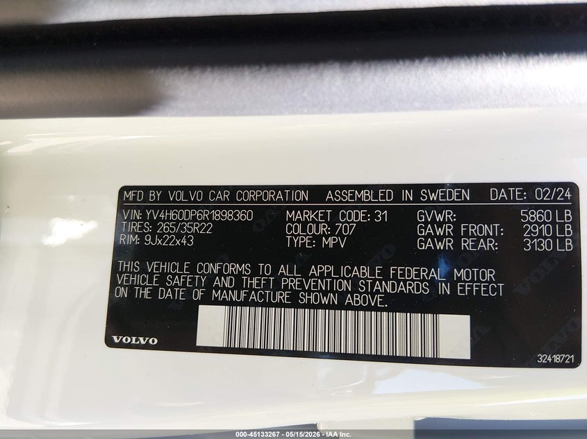 2024 Volvo Xc60 Recharge Plug-In Hybrid T8 Polestar Engineered VIN: YV4H60DP6R1898360 Lot: 45133267