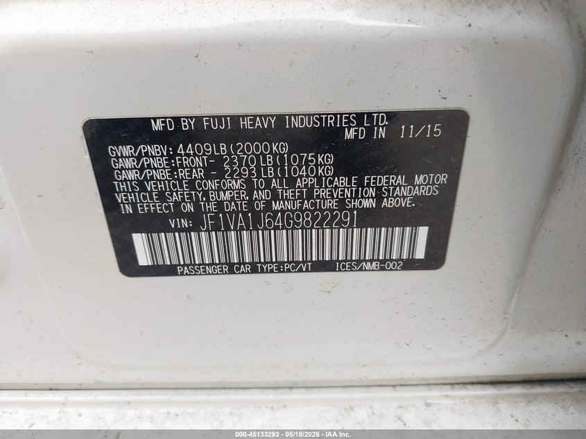 2016 Subaru Wrx Limited VIN: JF1VA1J64G9822291 Lot: 45133293