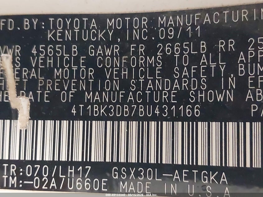 2011 Toyota Avalon VIN: 4T1BK3DB7BU431166 Lot: 45133340