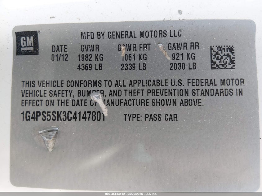 2012 Buick Verano Leather Group VIN: 1G4PS5SK3C4147801 Lot: 45133412