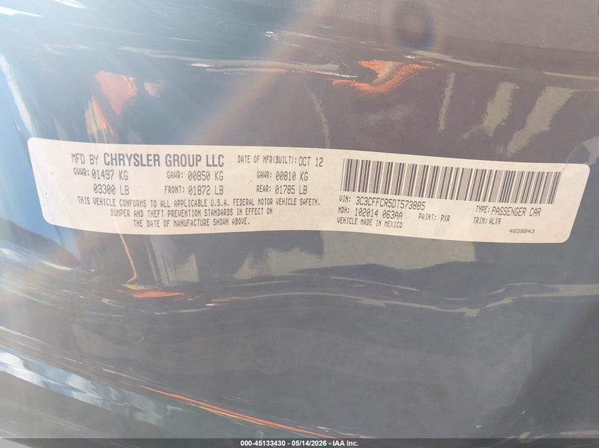 2013 Fiat 500 Lounge VIN: 3C3CFFCR5DT573885 Lot: 45133430