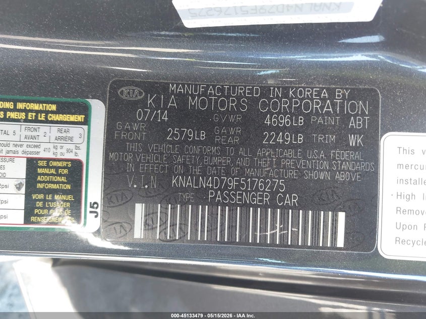 2015 Kia Cadenza Premium VIN: KNALN4D79F5176275 Lot: 45133479