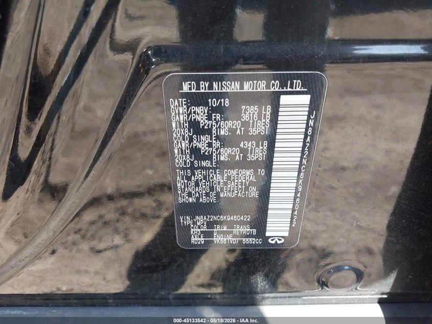 2019 Infiniti Qx80 Luxe VIN: JN8AZ2NC6K9460422 Lot: 45133542