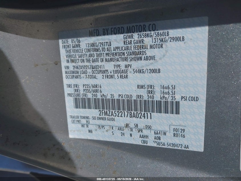 2007 Ford Freestar Sel VIN: 2FMZA52217BA02411 Lot: 45133725
