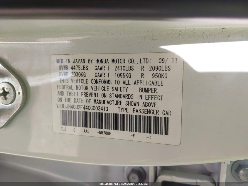 2012 Acura Tsx 2.4 VIN: JH4CU2F44CC003413 Lot: 45133764