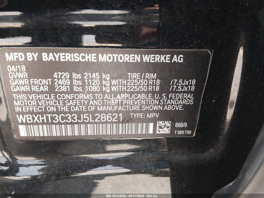 2018 BMW X1 xDrive28I VIN: WBXHT3C33J5L28621 Lot: 45133849