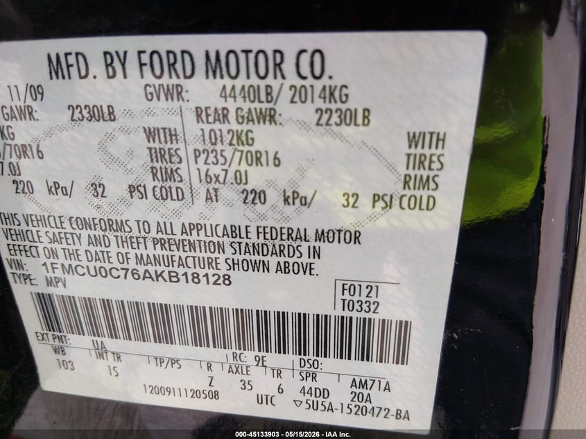 2010 Ford Escape 2.5 Xls Black Lot 111045133903 Vin 1FMCU0C76AKB18128