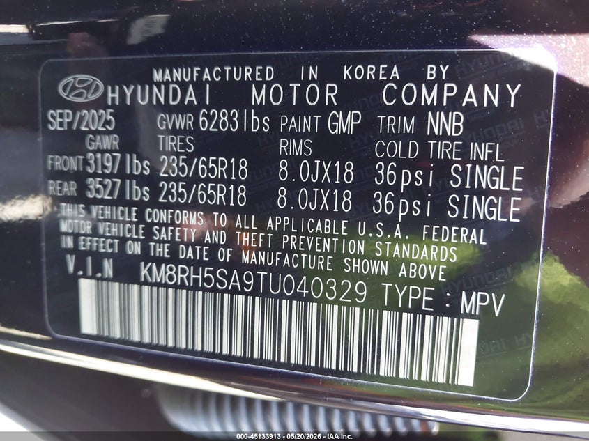 2026 Hyundai Palisade Hev Blue Sel Premium 7P VIN: KM8RH5SA9TU040329 Lot: 45133913
