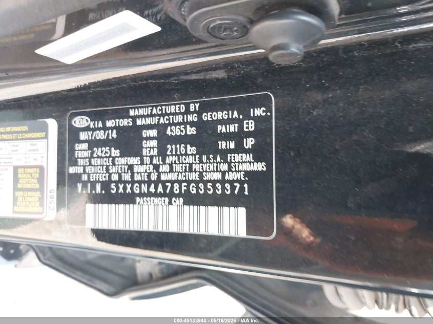 KIA OPTIMA 2015 VIN 5XXGN4A78FG353371