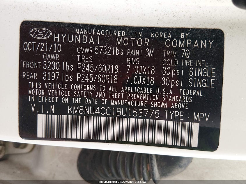 2011 Hyundai Veracruz Limited VIN: KM8NU4CC1BU153775 Lot: 45133994