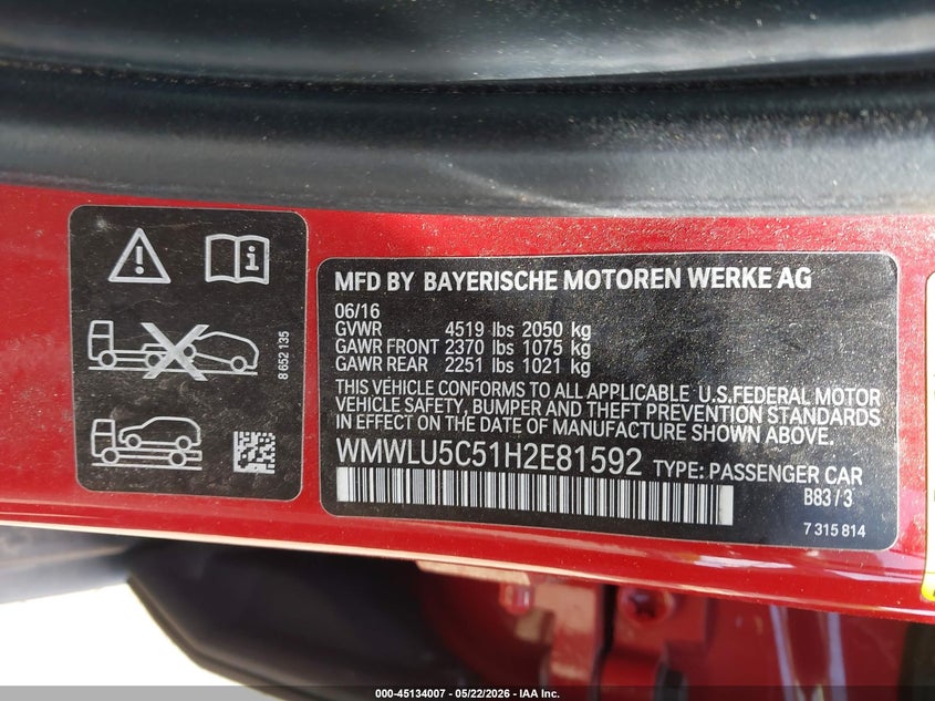 2017 Mini Clubman Cooper S VIN: WMWLU5C51H2E81592 Lot: 45134007